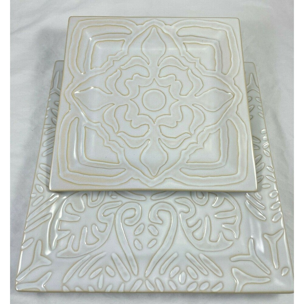 Santorini Square Plate Platter Embossed Off White 2 PC Raised 9 1/8 & 11" Scroll